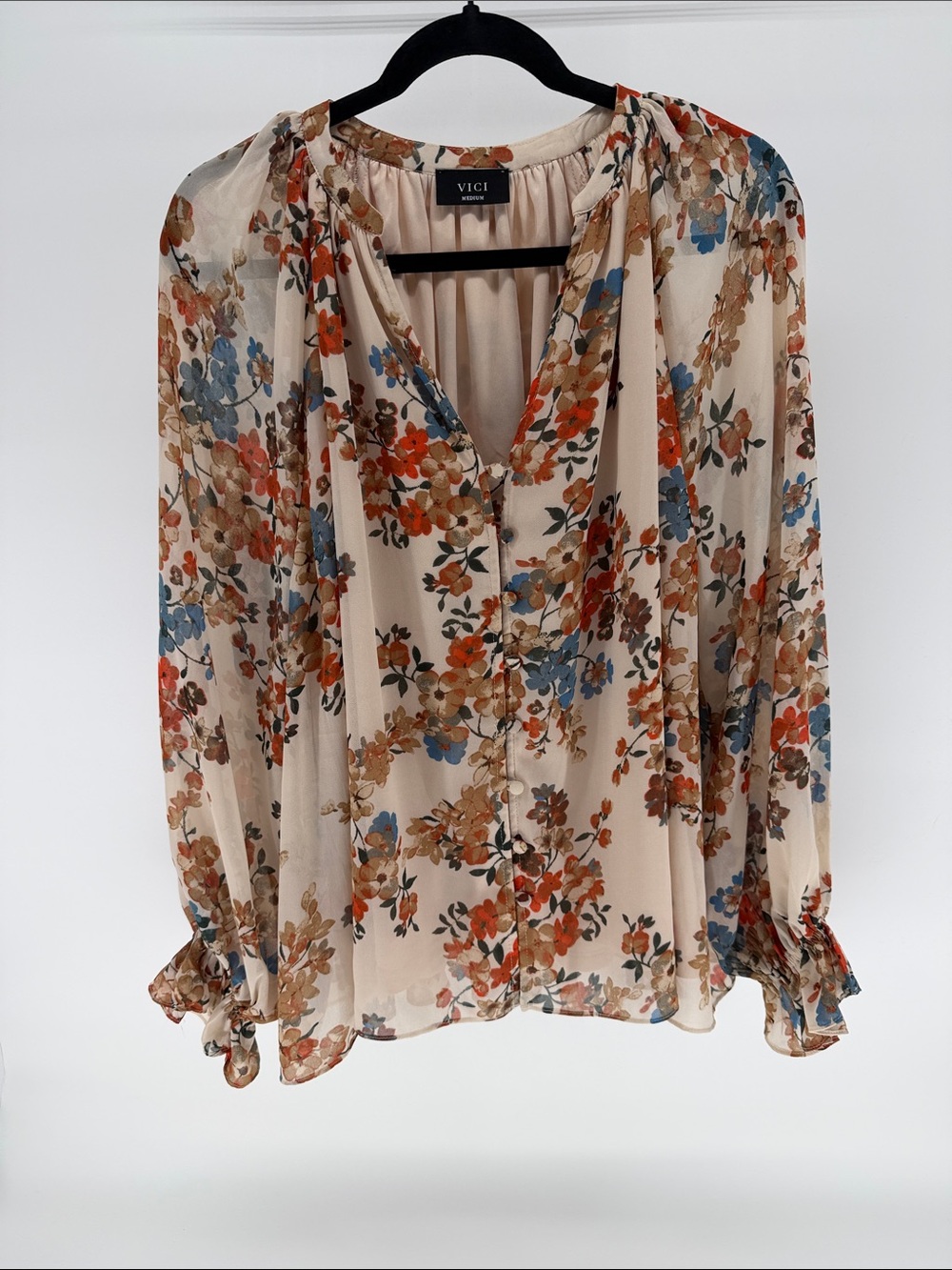 VICI Cream Floral Button-Front Blouse with Blue and Orange Accents